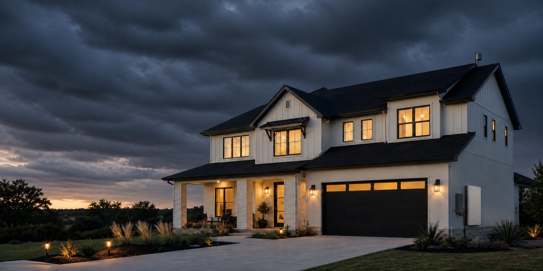 Modern Texas home illuminated at dusk as dark storm clouds approach