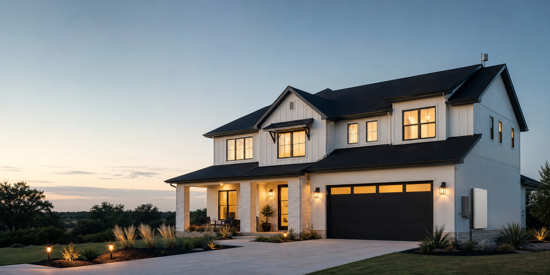 Modern Texas home with warm lights, home battery, and backup connectivity at dusk